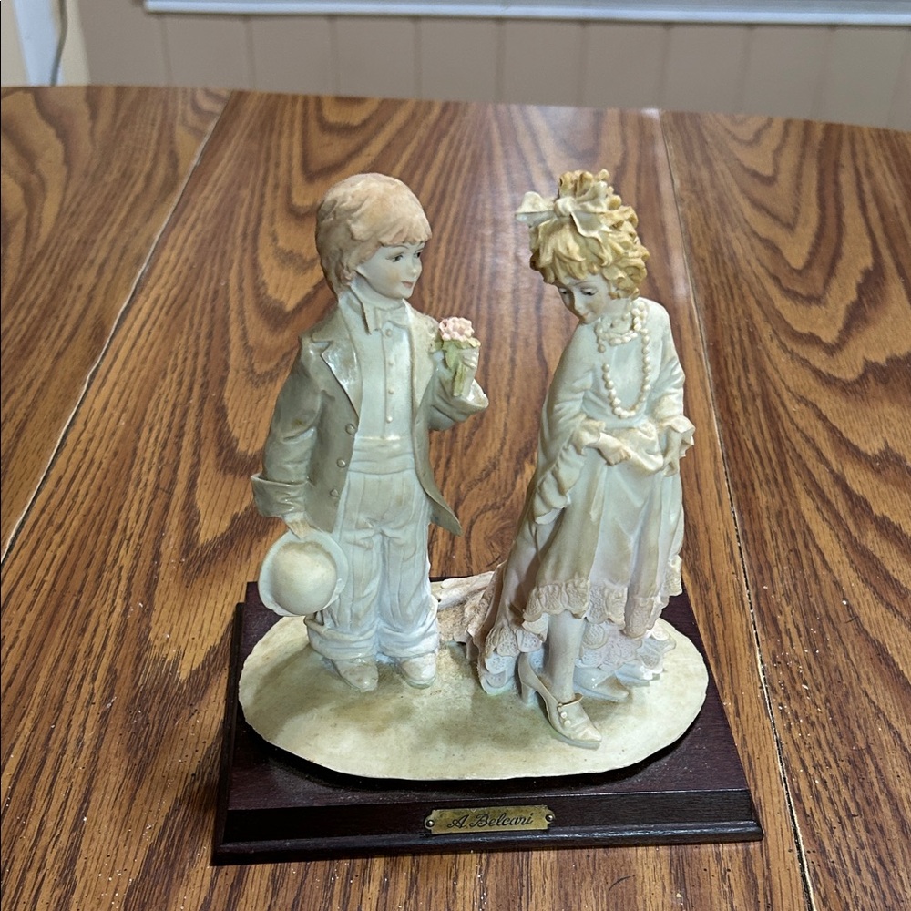 Vintage A Belcari Porcelain Playing Dressup Boy and Girl Figurines on Wood Base